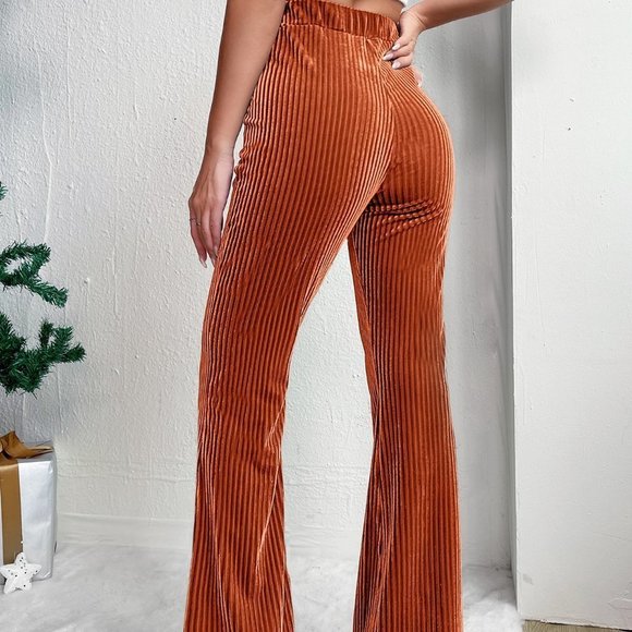 Orange Casual Womens Elastic Waist Flare Leg Pants - Picture 5 of 5